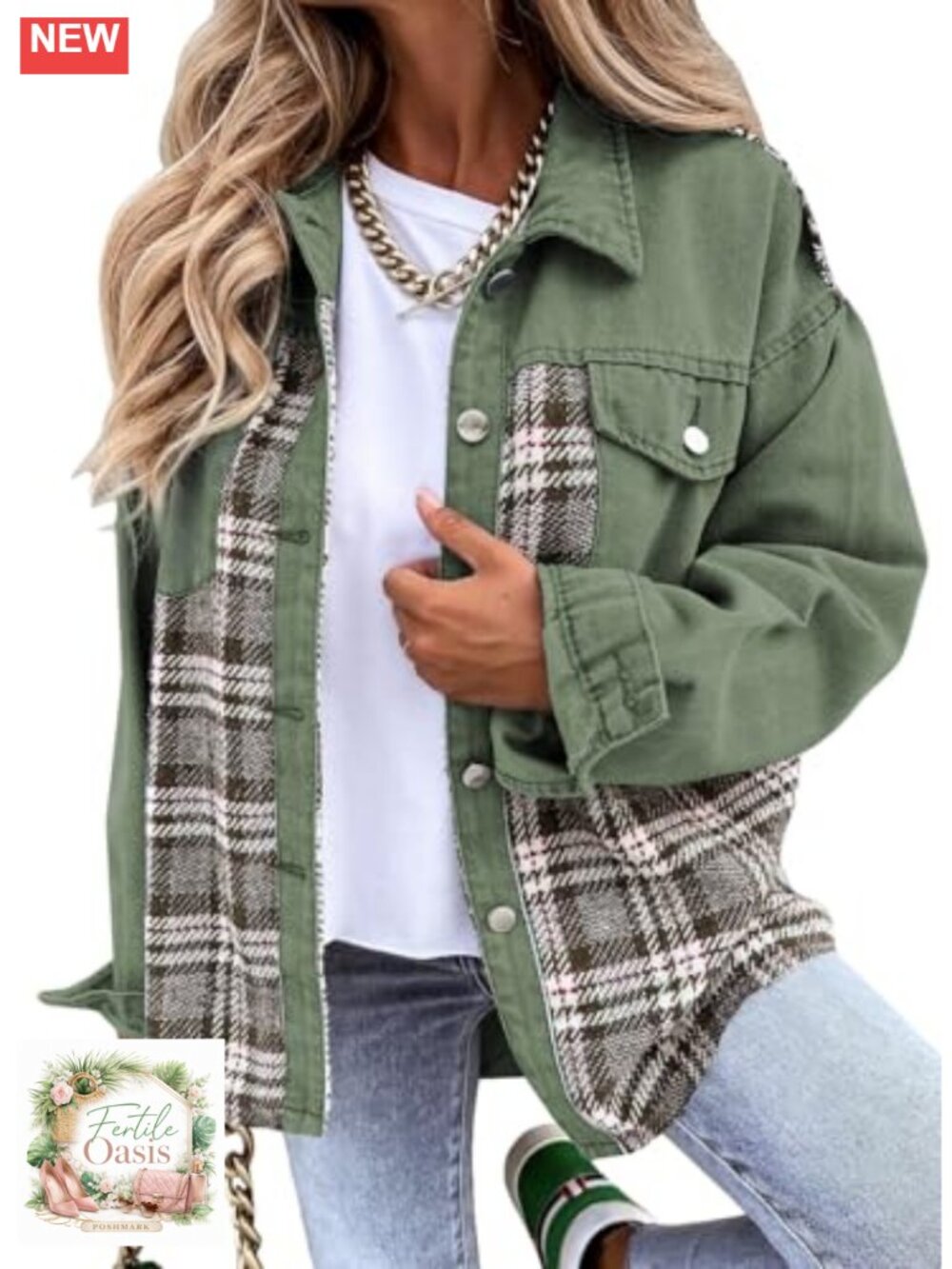 Womens Oversized Denim Jacket Plaid Shacket with Pockets, Long Sleeve